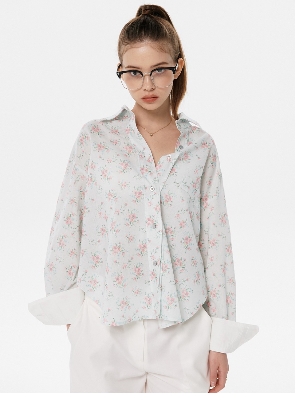 Floral Fold Sleeve Shirts (2color)